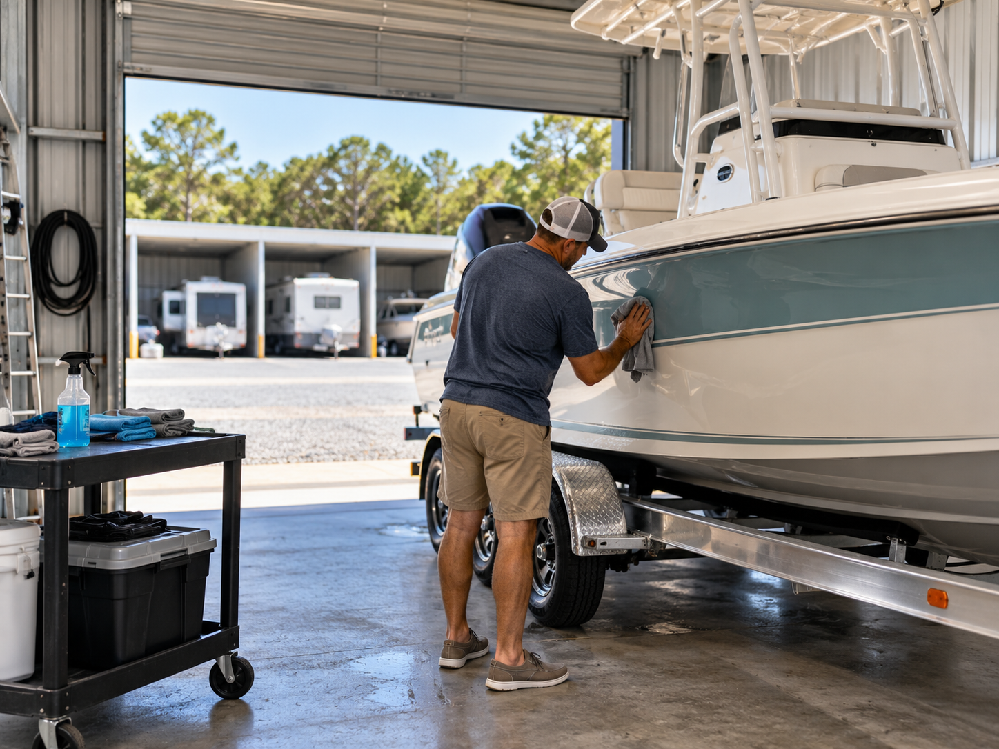 Man cleaning and polishing a center-console fishing boat on a trailer inside an enclosed storage bay, with RVs parked outside.