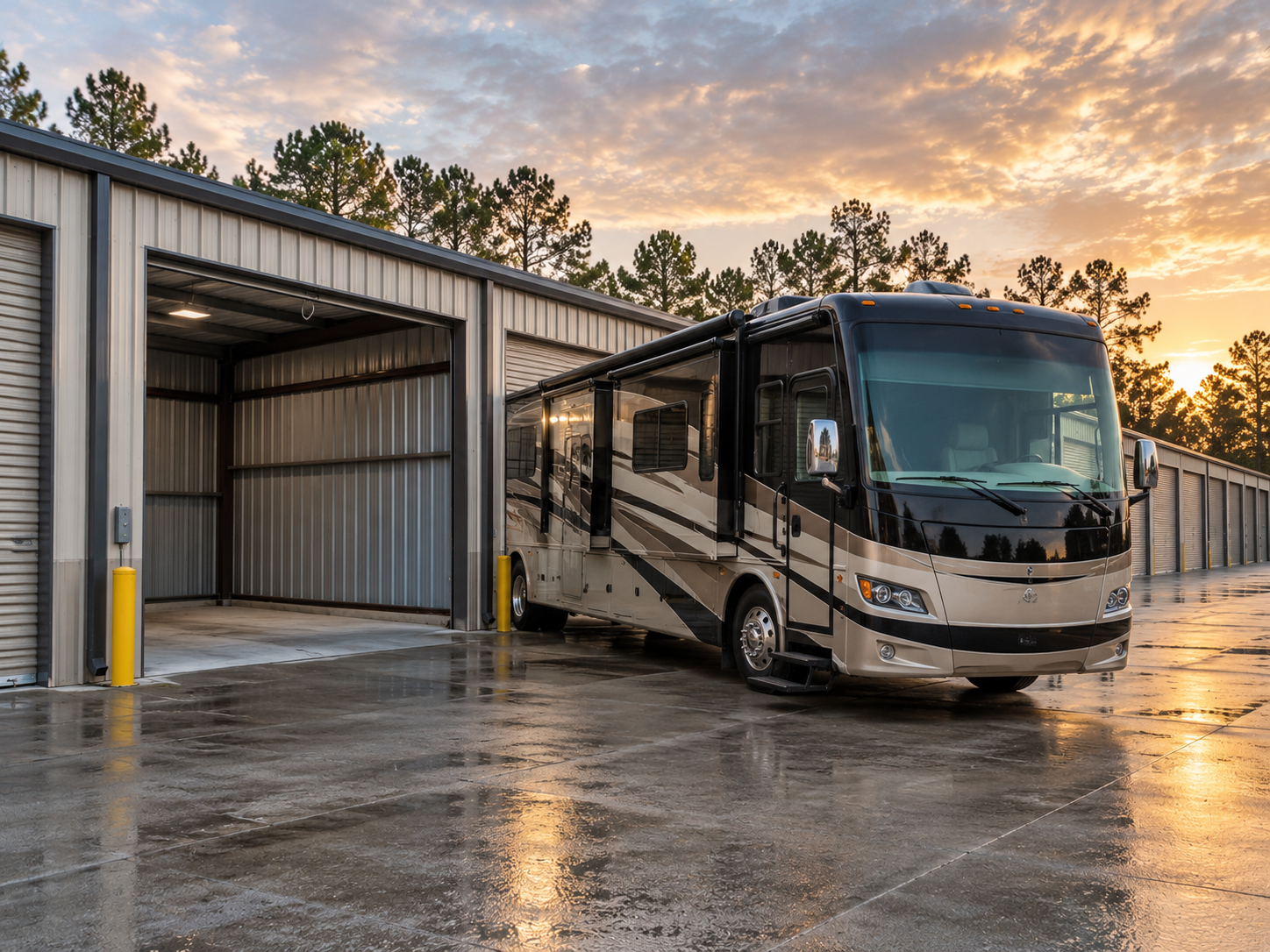Class A motorhome parked outside an enclosed RV storage unit at sunset, with metal storage buildings and wet pavement.