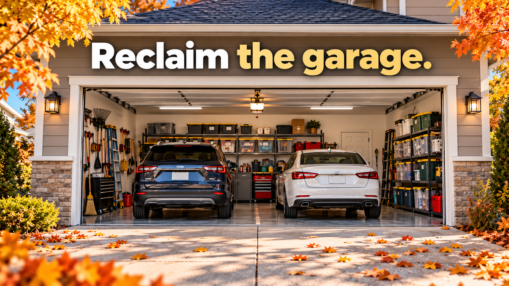 two cars parked in an uncluttered suburban home garage