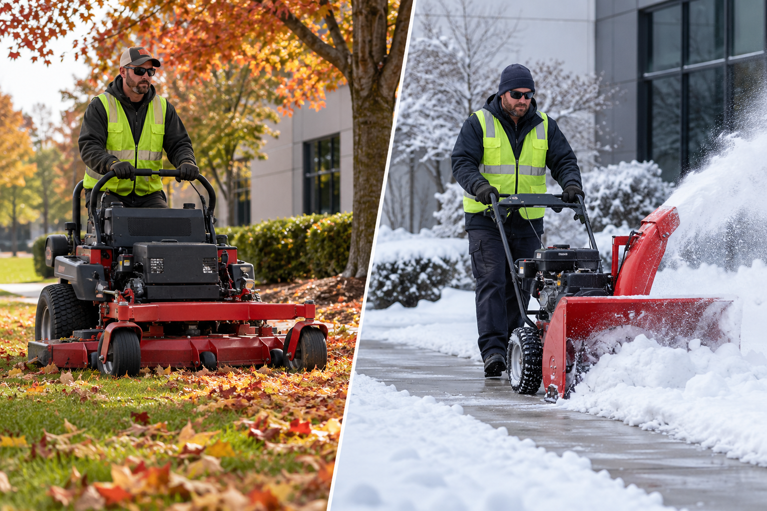 split image of lawncare professional on one side mowing grass and pushing a snow blower on the other side split image of lawncare professional on one side mowing grass and pushing a snow blower on the other side