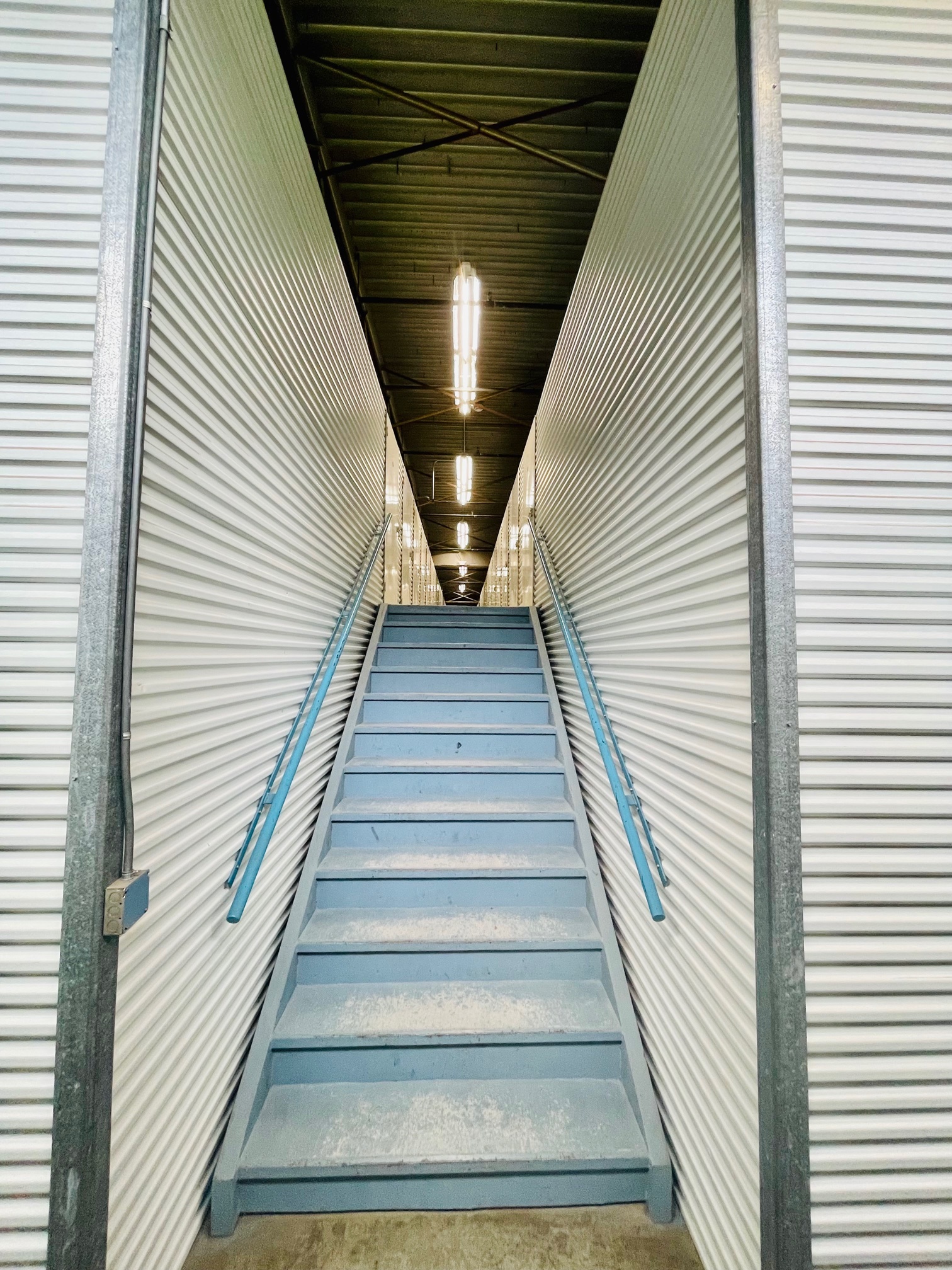 Staircase between storage units inside Southbury Self Storage