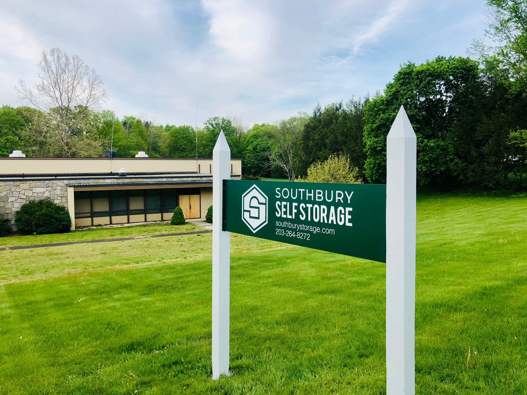 The Southbury Self Storage sign and office at 82 Poverty Rd