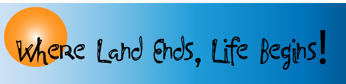 Black text saying where land ends life begins against a blue background and orange sun Black text saying where land ends life begins against a blue background and orange sun